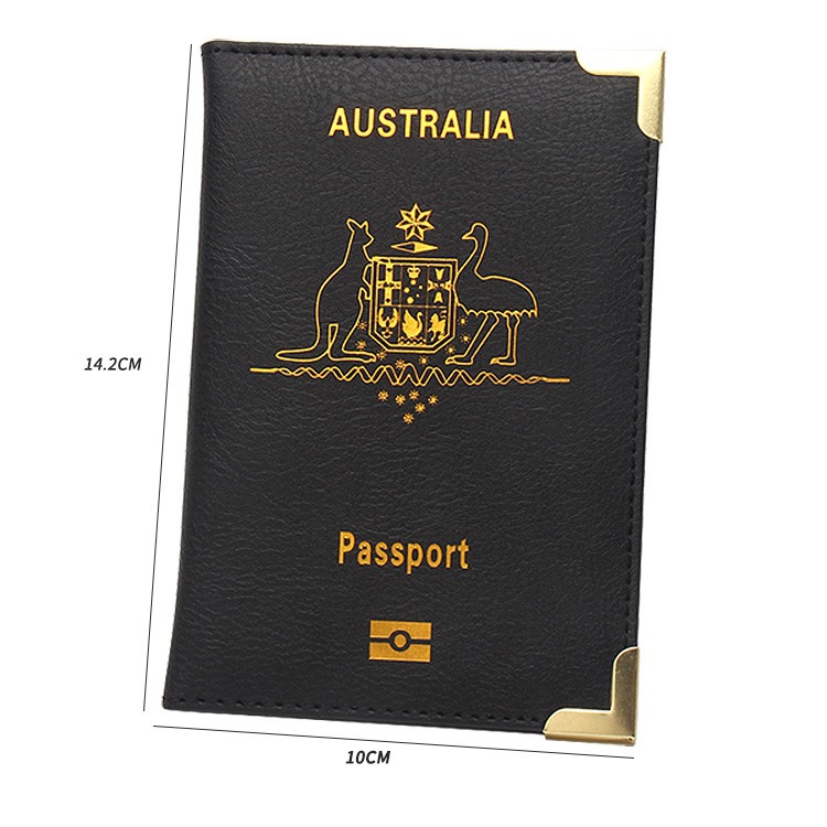 New Australian Passport Holder with Metal Copper Corners, Flight Ticket Holder, Leather Simple Slim Portable Passport Book Cover