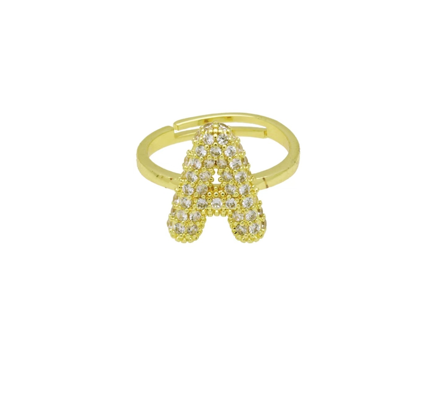 Neu eingetroffen: Modischer, kurviger Ring mit 26 englischen Buchstaben, vergoldet, aus Messing und Zirkonia._voghion.com