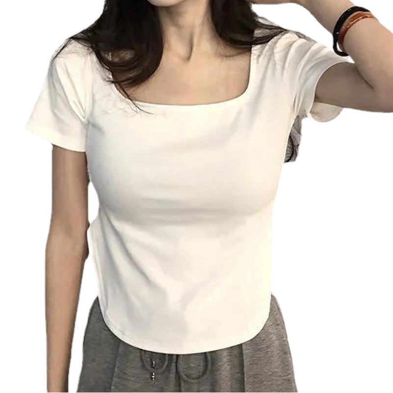 Camiseta de Verano 2025, Estilo Nuevo, Pura y Sexy, con Cuello en U Grande, Estilo Picante, Ajustada, de Manga Corta Irregular para Mujer image 1