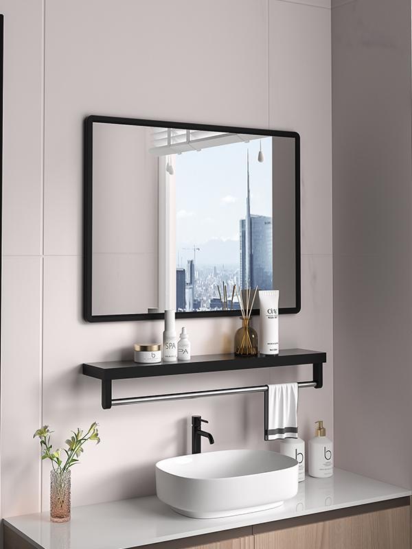 Bathroom Mirror Without Punching, Wall-Mounted Self-Adhesive Bathroom Toilet Washbasin Wall-Mounted Glass Bathroom Mirror with Storage Rack