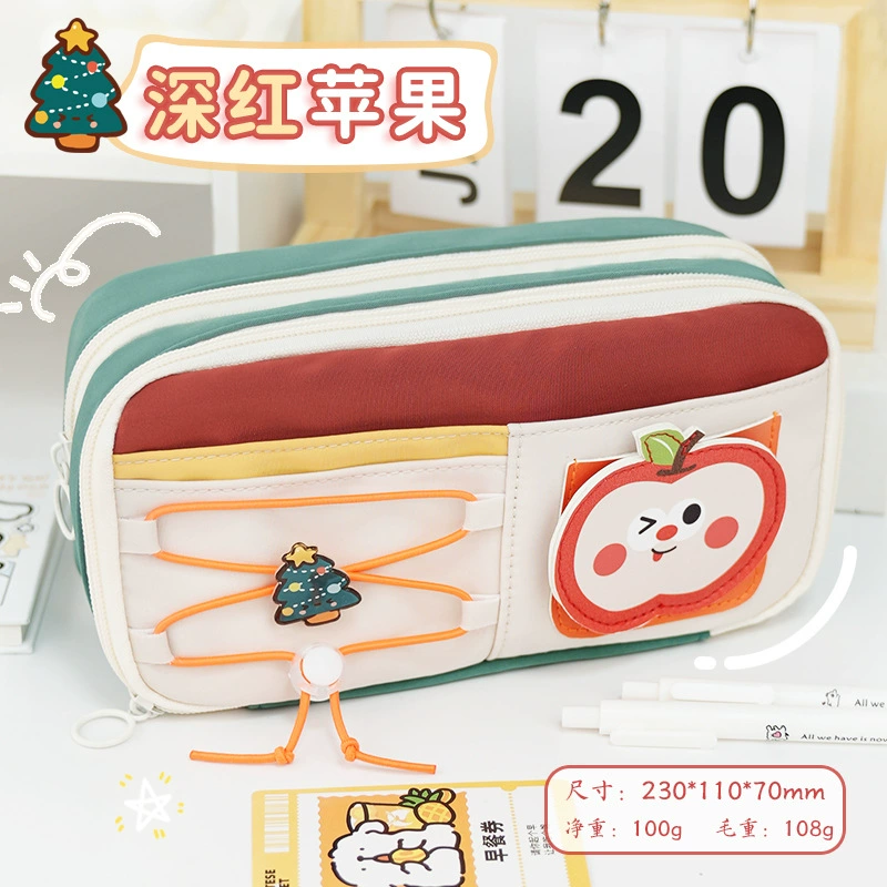 Apple, cute capacious pencil case for students, high quality multilayer stationery, drawstring, new collection