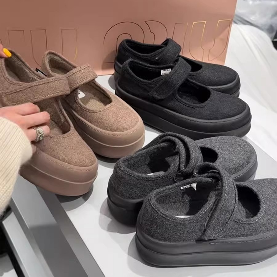 软皮版百搭时尚魔术贴厚底休闲鞋女2024冬季新款复古显瘦玛丽珍鞋