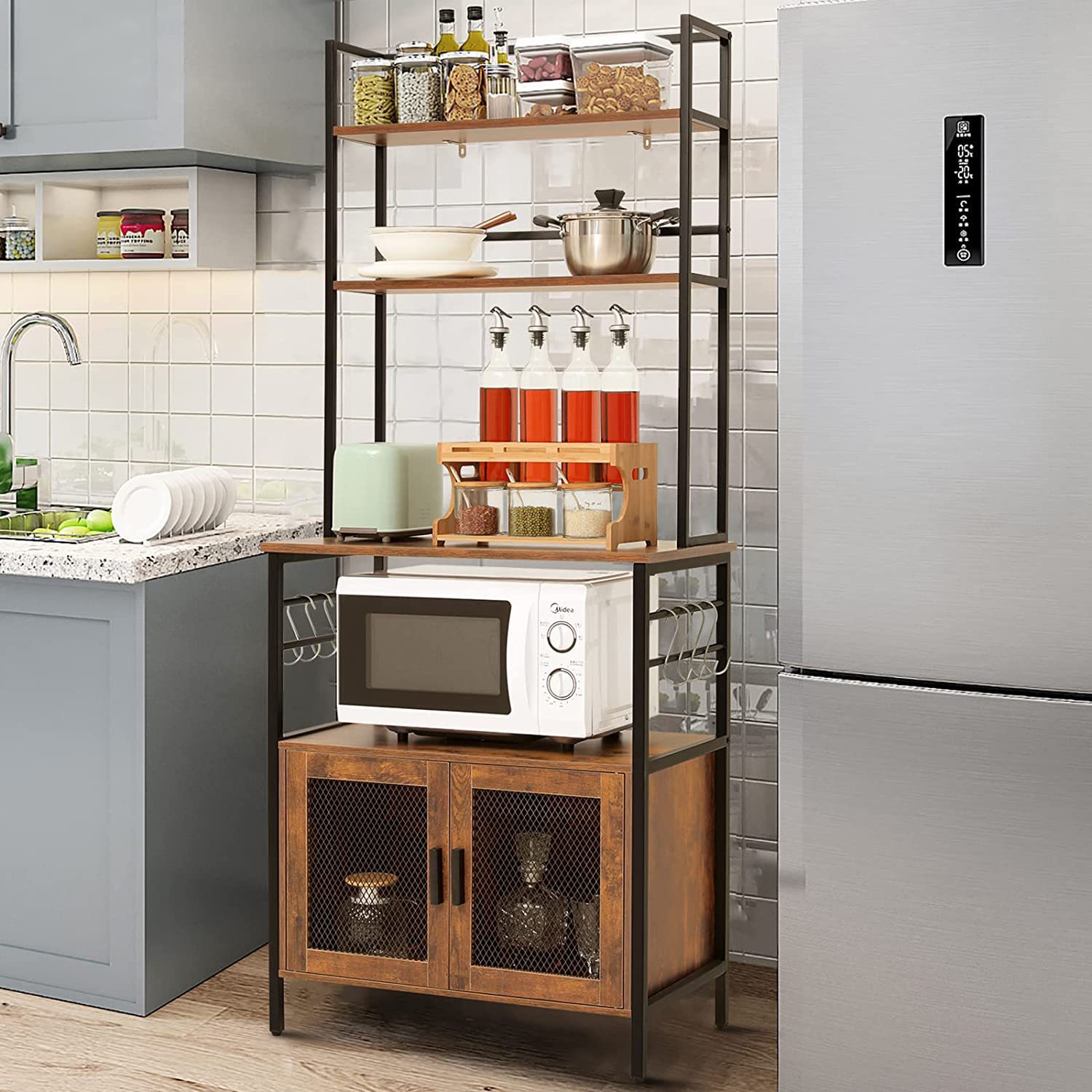 厨房落地置物架带铁网门储物架微波炉收纳架带S型挂钩电器整理架