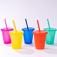 跨境爆款16oz闪粉吸管杯彩色PP单层塑料咖啡杯茶饮果汁随手杯批发