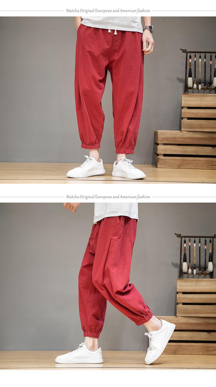 Pantalon lanterne en coton et lin de sport d'été à sept points, pantalon ample à la cheville Haren pour hommes_voghion.com