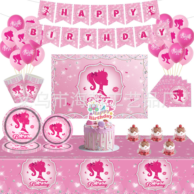 Cross-Border New Pink Barbie Princess Party Decoration Disposable Paper Plates Tablecloth Tableware Arrangement Supplies Set