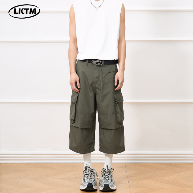 LKTM Men's# American Retro Washed Wide-leg Crower Pants Men's and Women's Loose Casual vintage Capri Pants Shorts