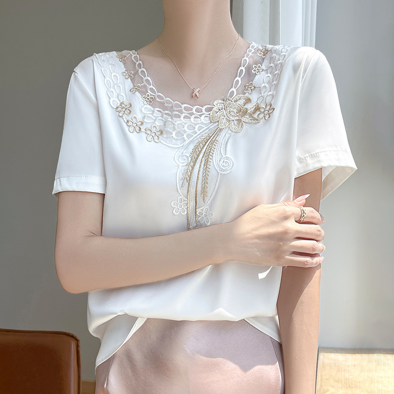 Acetic Acid Silk High-end Shirt Women's Beautiful Foreign Style Inner Top Spring and Summer New Short-sleeved Lace Base Shirt for Mother