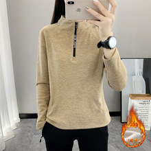 跨境实体直播二开加绒衣新品秋冬女士开半胸羊绒蚕丝加绒速干T恤