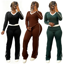 S2510 欧美女装 跨境货源 时尚运动休闲撞色拼接翻领高腰修身套装