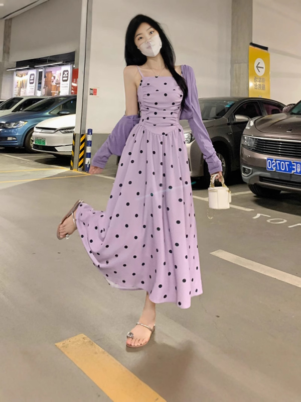 惊艳炸街两件套2025春秋季新款波点连衣裙长袖开衫套装女大码代发|undefined