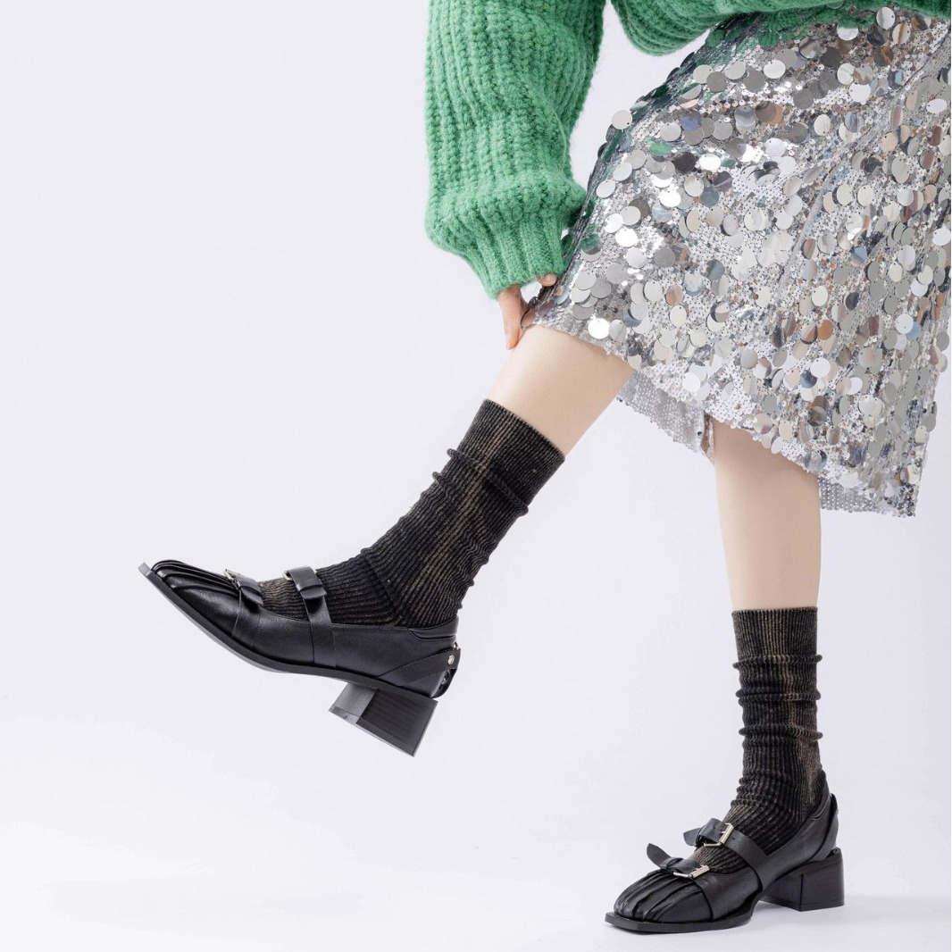 復古黑色襪子女中筒襪砂洗做舊廢土風雙針中筒襪子男女堆堆襪ins