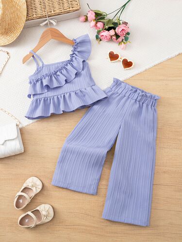2026 new girls 'suit ruffled sling + wide-leg pants children's clothing in stock wholesale casual matching
