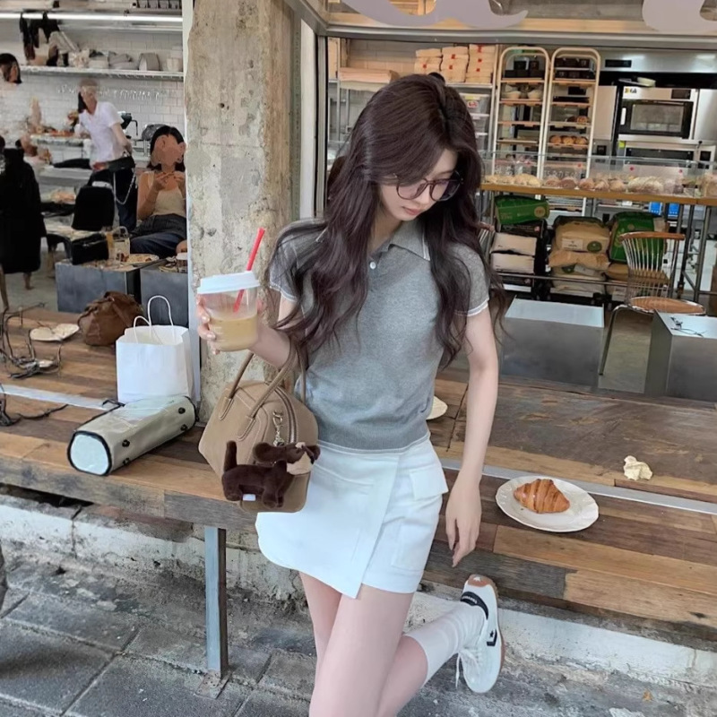 Retro Style Contrasting Color Slim-Fit Short-Sleeved Knitted T-Shirt for Women Summer Casual Sports Polo Shirt Top Retro Style Contrasting Color Slim-Fit Short-Sleeved Knitted T-Shirt for Women Summer Casual Sports Polo Shirt Top