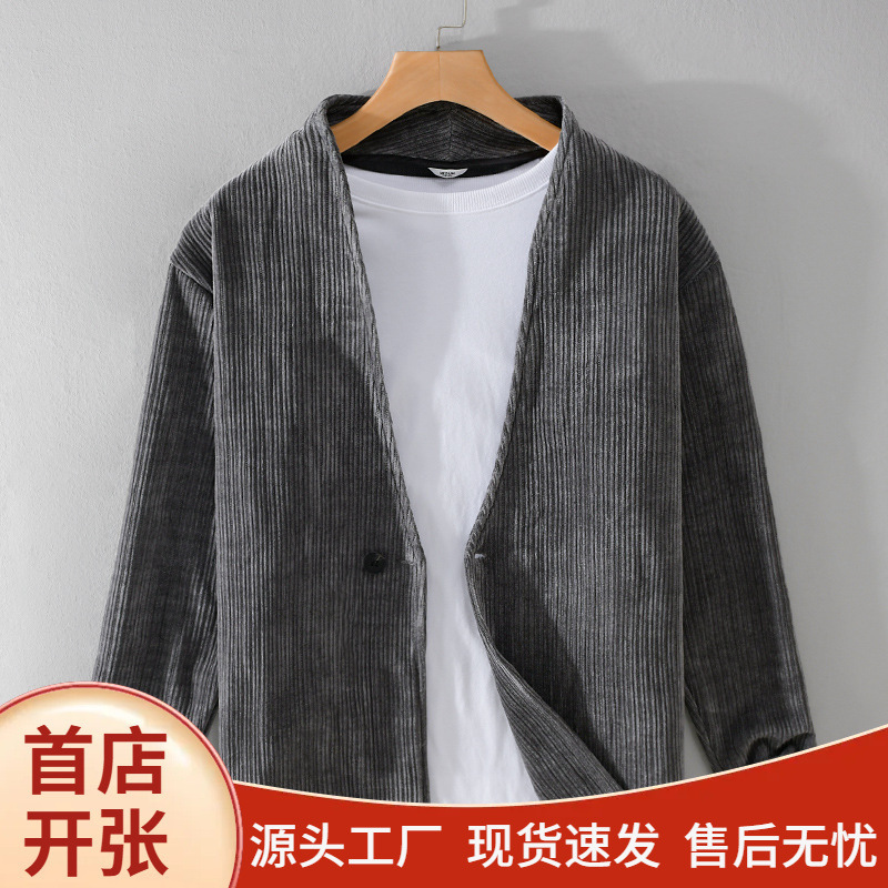 Chenille Corduroy Collarless Blazer for Men, New Spring Vintage Solid Color Simple Jacket