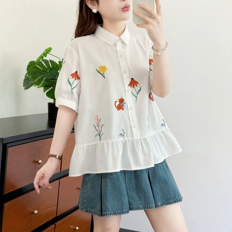 J567 Western-Style Youthful Embroidered Floral Cat Ruffled Short-Sleeve Shirt for Women 2026 Summer New Casual Top J567 Western-Style Youthful Embroidered Floral Cat Ruffled Short-Sleeve Shirt for Women 2026 Summer New Casual Top