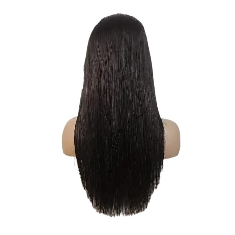Peruca feminina longa, lisa, preta, com renda, repartição central, aparência natural, extensão de cabelo sintético para cabeça inteira._voghion.com