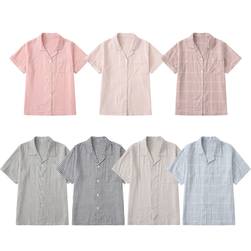 Single-Piece Top for Couples, Summer Short-Sleeved Cardigan, Breathable, Sweat-Absorbent, Simple, Loose-Fitting, All-Cotton, Double-Layer Cotton Gauze Home Wear