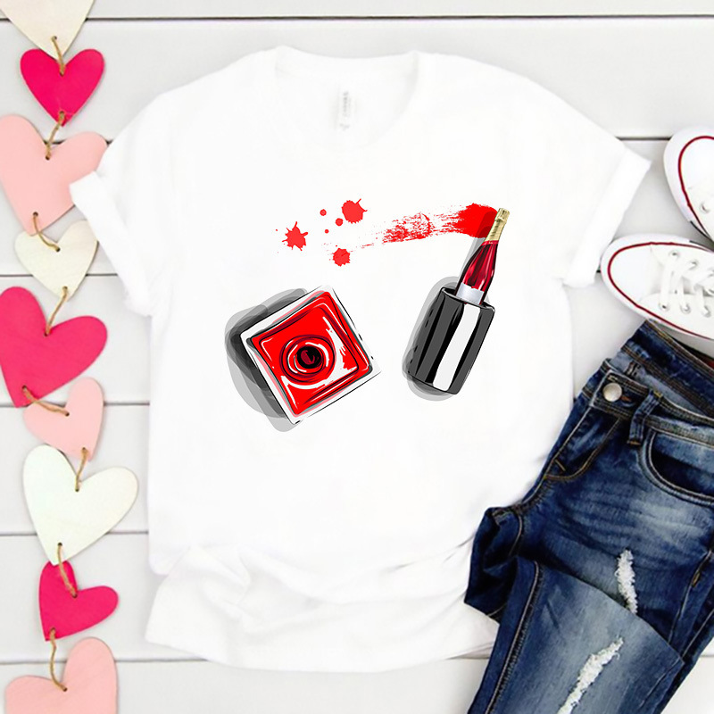 T-Shirt 2021 Simple Fashion Nail Polish Teenager Summer T-Shirt Men's and Women's Short-sleeved White T-shirt Women's Short-sleeved