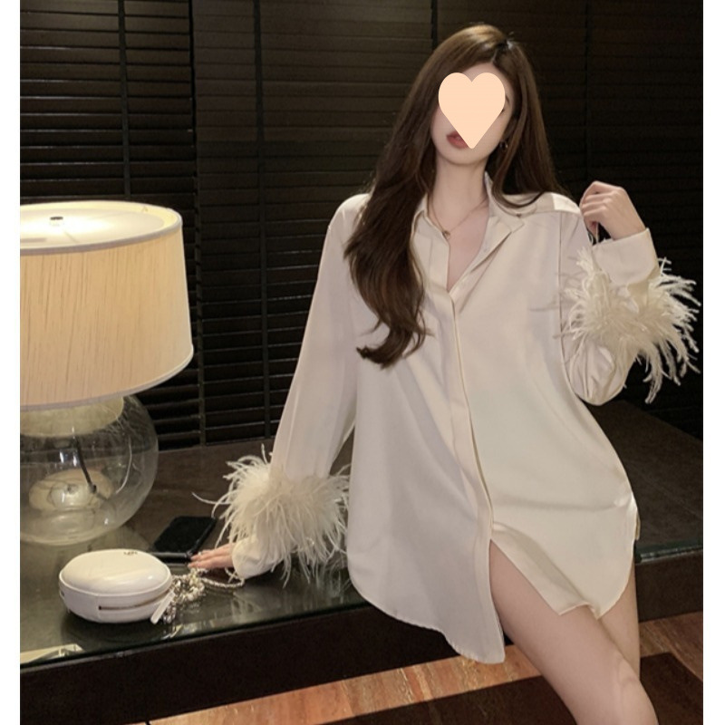 網紅氣質女神范設計感毛袖口緞面襯衫女2025新款中長款上衣潮