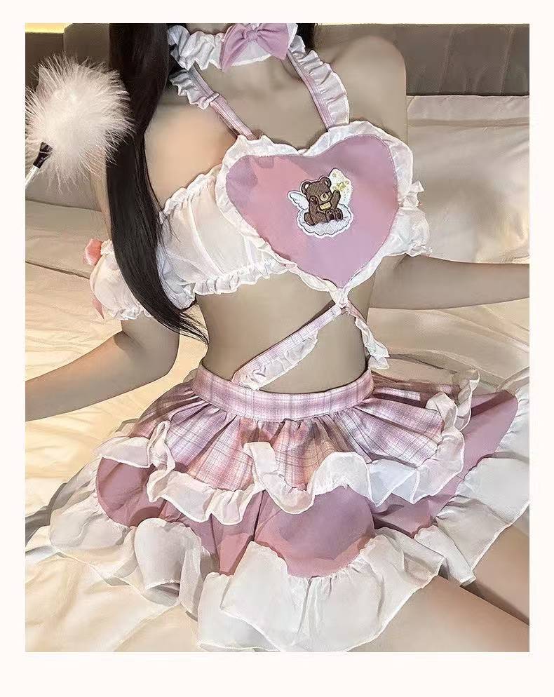 Moe Q Maid Uniform Lingerie Set with White Bodystocking, Chiffon Fabric — detail image 8