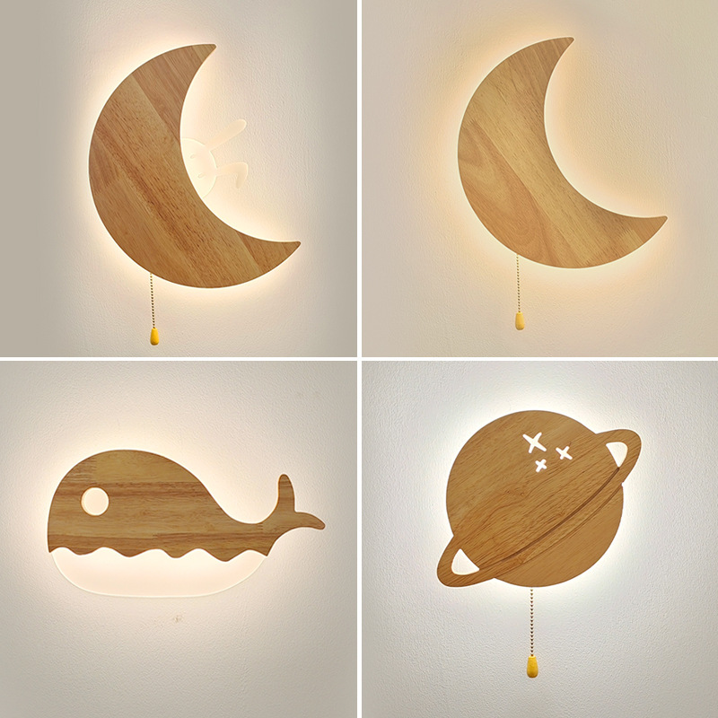 Children's Room Wall Lamp Creative Log Moon Corridor Lamp Aisle Lamp Japanese Style Solid Wood Bedroom Bedside Lamp
