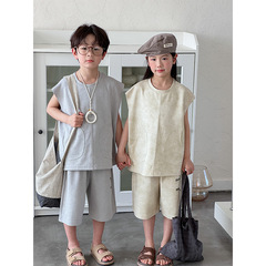 Children's Suits 2024 Summer New Children's Tie-Dye Letter Set Korean Style Boys and Girls Sleeveless Waistcoat Two-piece Set