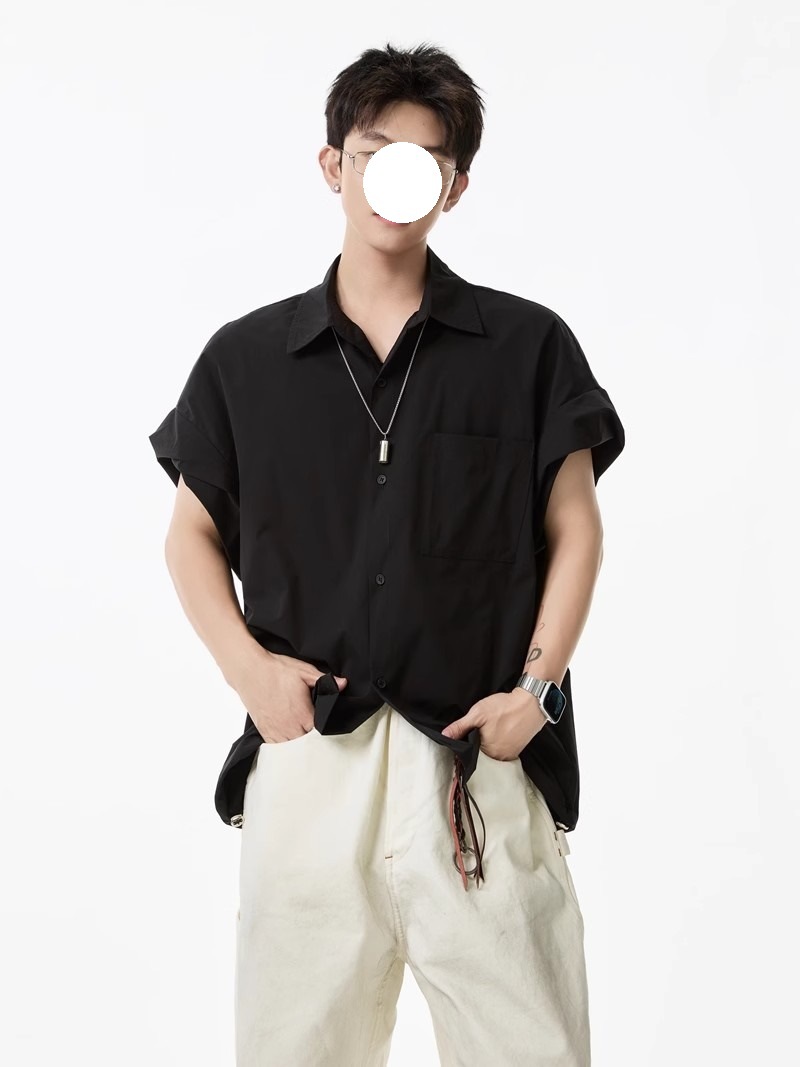 Khaki Tooling Shirt Short-sleeved Men's Summer American Simple Loose Lapel Shirt Drawstring Design Couple Inch Clothes Tide_viptrois.com