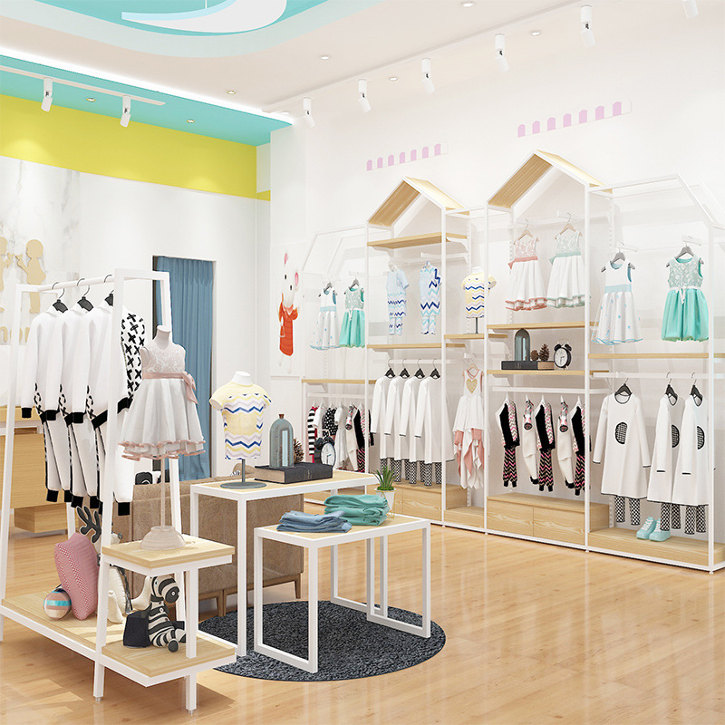 Estante de ropa para niños percha de piso en forma de Casa estante de exhibición simple tienda de ropa para niños estante de exhibición combinación montada en la pared