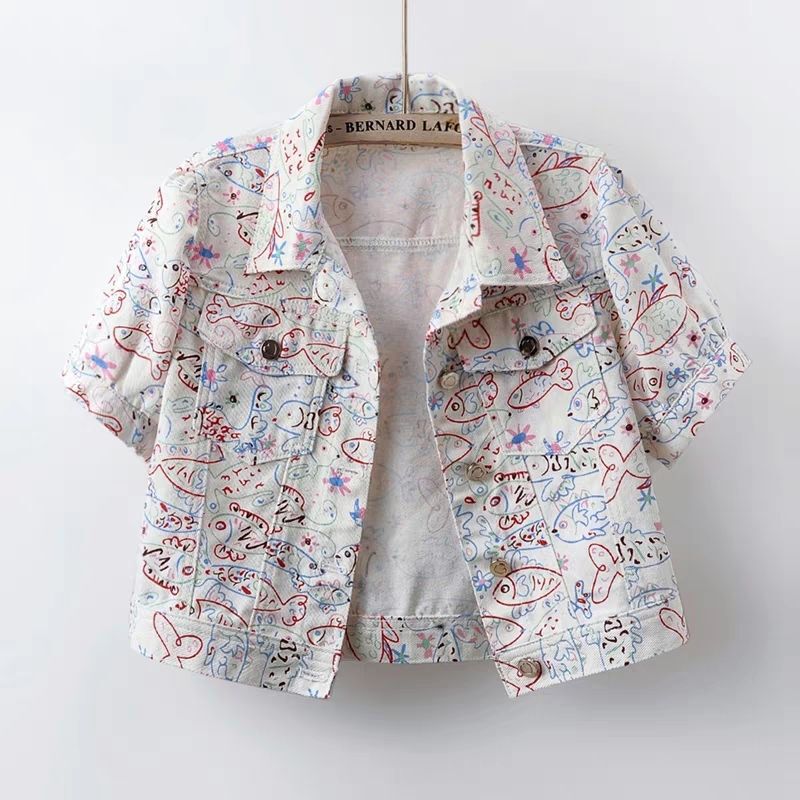 2026 Summer New Korean Style Graffiti Print Short-Sleeve Denim Jacket for Women, Short Casual Jacket, Thin Trendy Top
