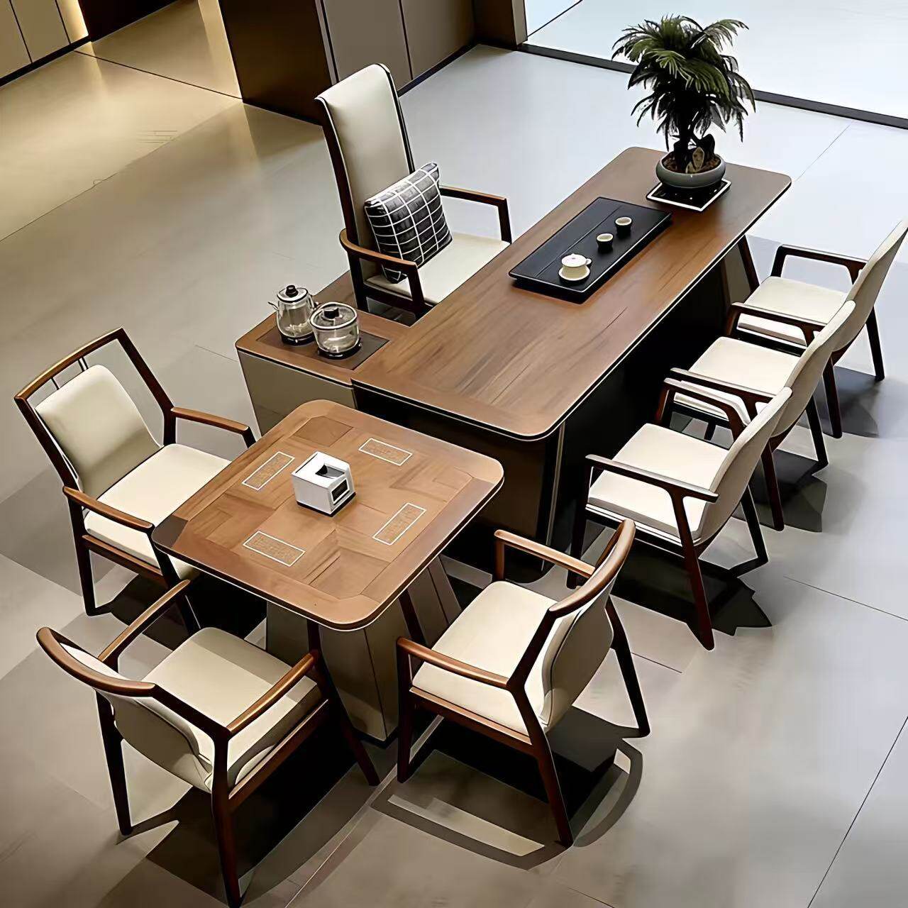 New Chinese-style North American black walnut tea table and game table set, high-end modern minimalist home solid wood tea table furniture