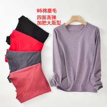 加肥加大版80-280斤女圆领秋衣95莱卡棉磨毛高弹长袖保暖上衣单件