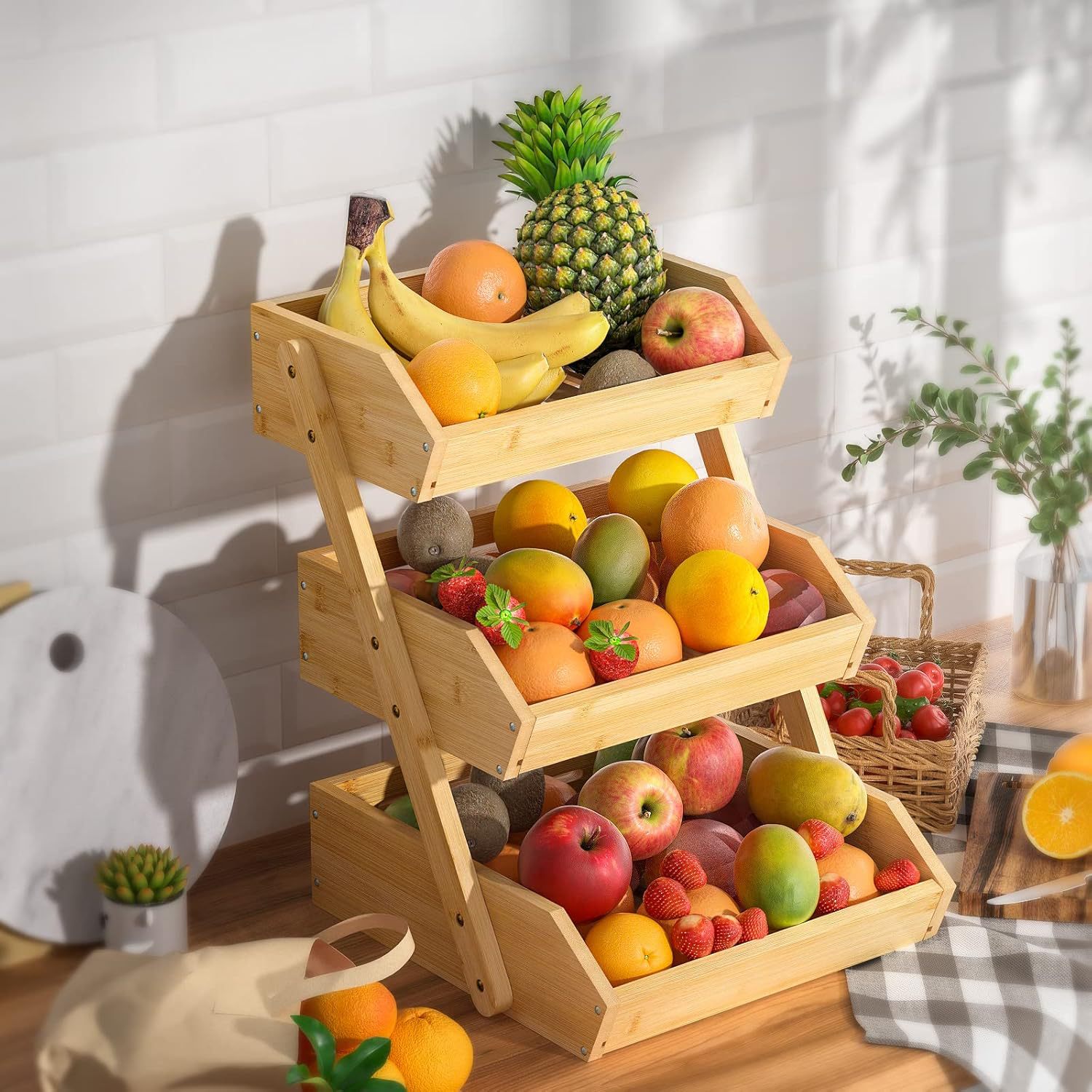Bamboo Fruit Basket Suitable for Kitchen Vegetable Storage Rack, Fruit, Vegetable, Bread, and Snack Storage Rack