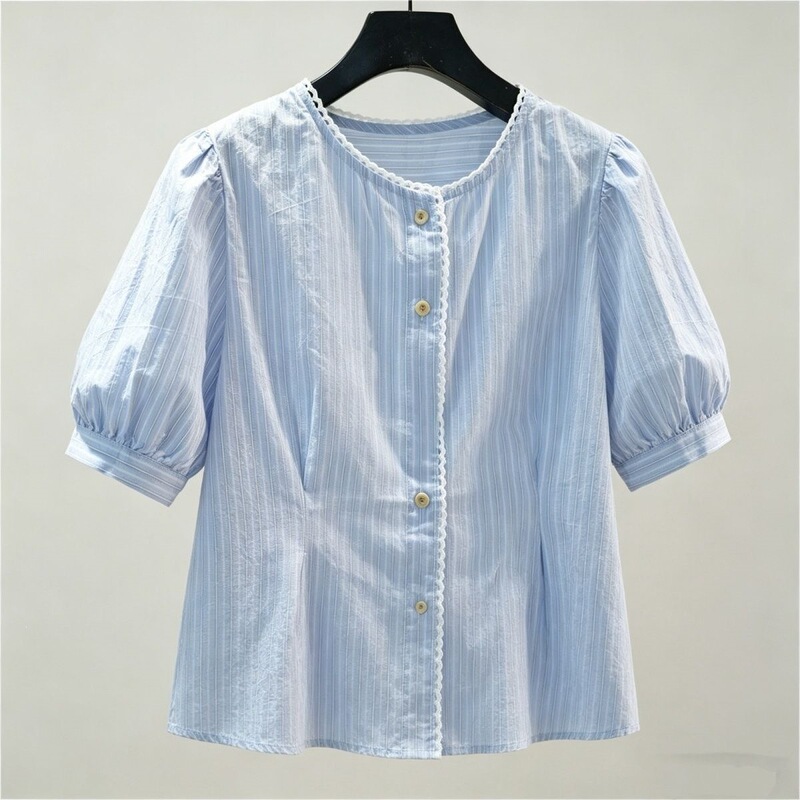 Spring and Autumn Fashion Light Blue Bubble Round Neck Striped Shirt Summer New Loose Top