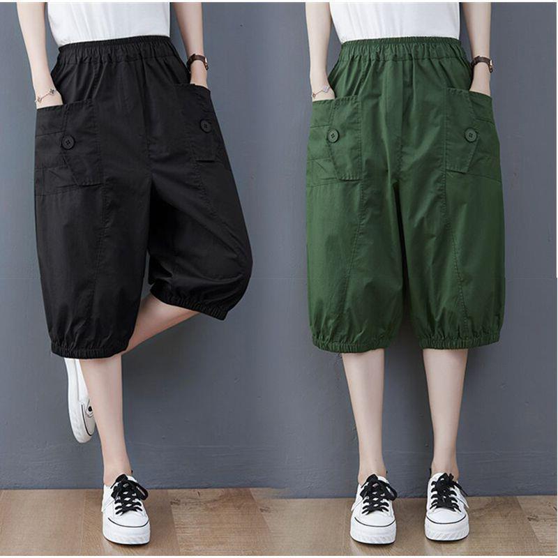Large Size Women's Large Pocket Crane Pants for 2023 Summer New Artistic Spring Waist Harlan Pants Women's Casual Cropped Trendy Pants
