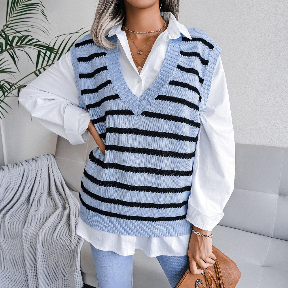 V-Neck Striped Casual Knitted Vest Sweater NSBJ97944