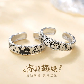 蒂奇亚原创卡通涂鸦猫咪情侣戒指S925纯银小众个性高级感开口指环