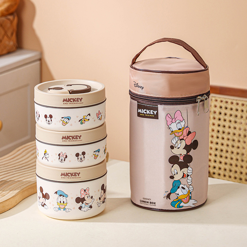 Disney nuevo juego de lonchera de aislamiento de acero inoxidable Mickey dormitorio portátil con tapa caja bento campamento al aire libre