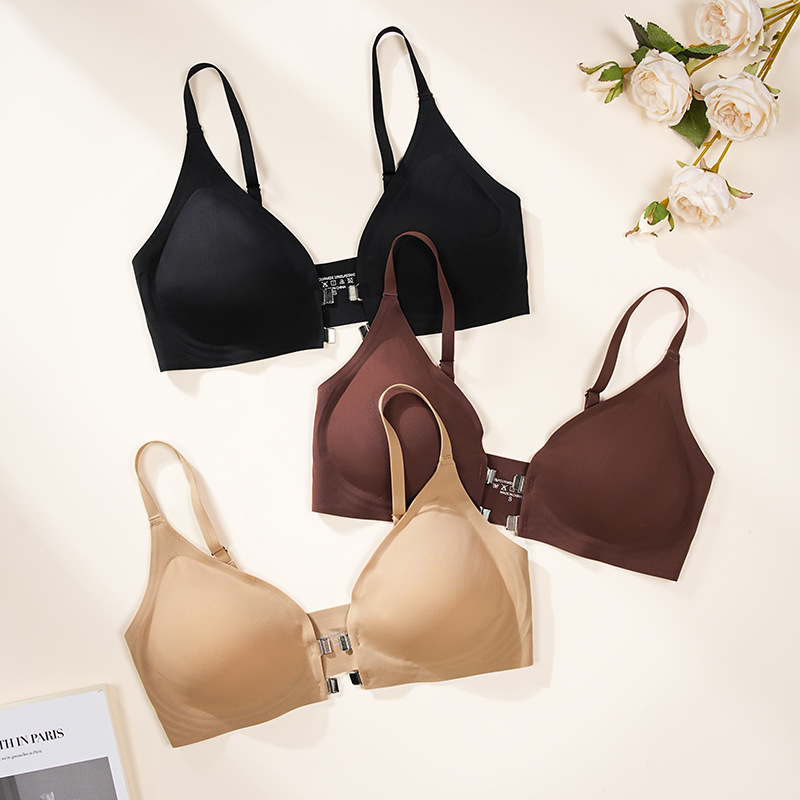 Europa y América más tamaño sin costuras ligero transpirable deportes botón frontal ropa interior sexy correa de hombro ajustable sujetador inalámbrico de las mujeres