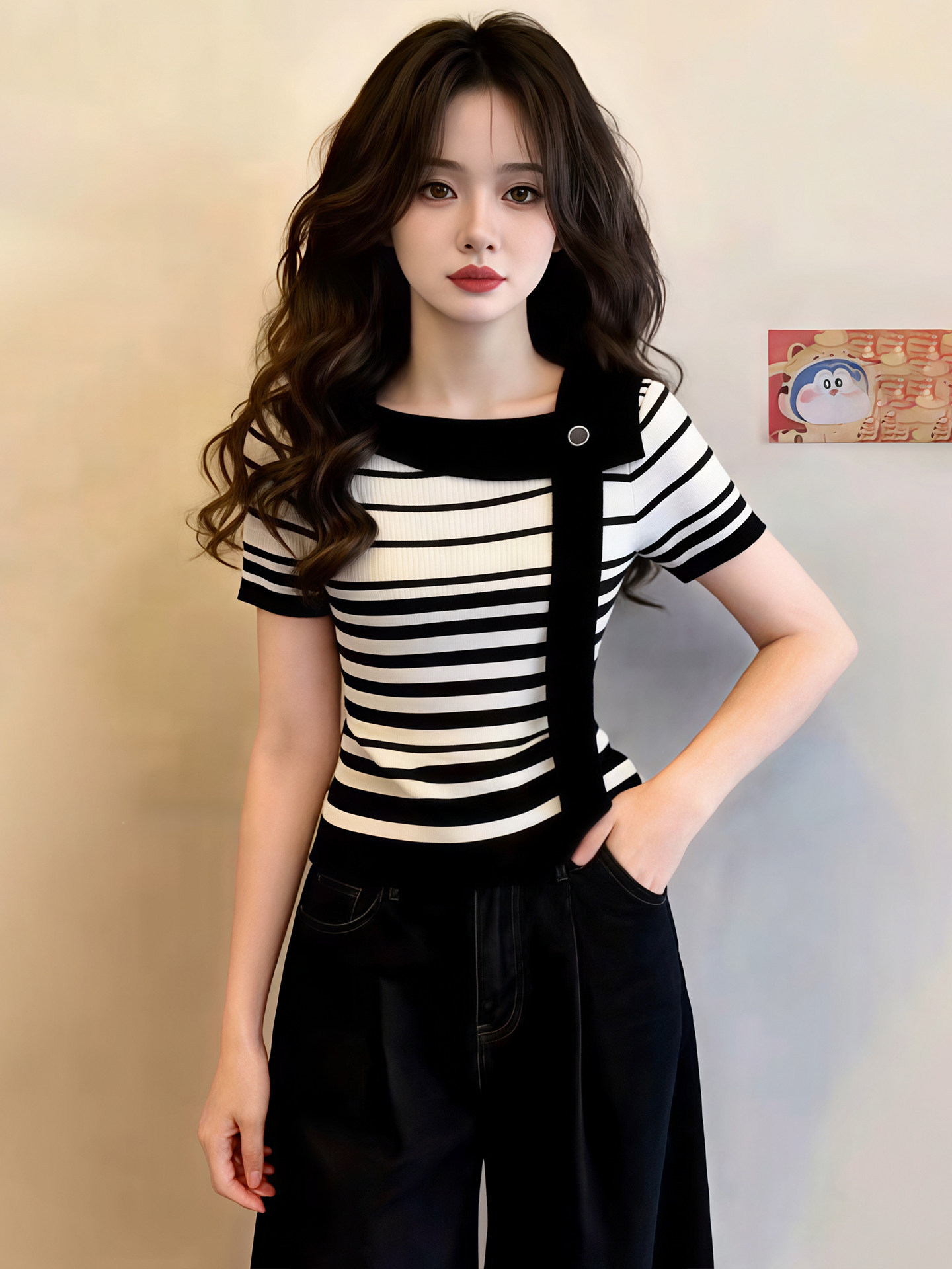Áo thun nữ sọc chéo vai tay ngắn form ôm — màu đen