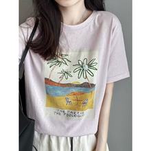 夏日海滩T清新沙滩椰子树立体花朵印花短袖圆领度假T恤女 H0609S