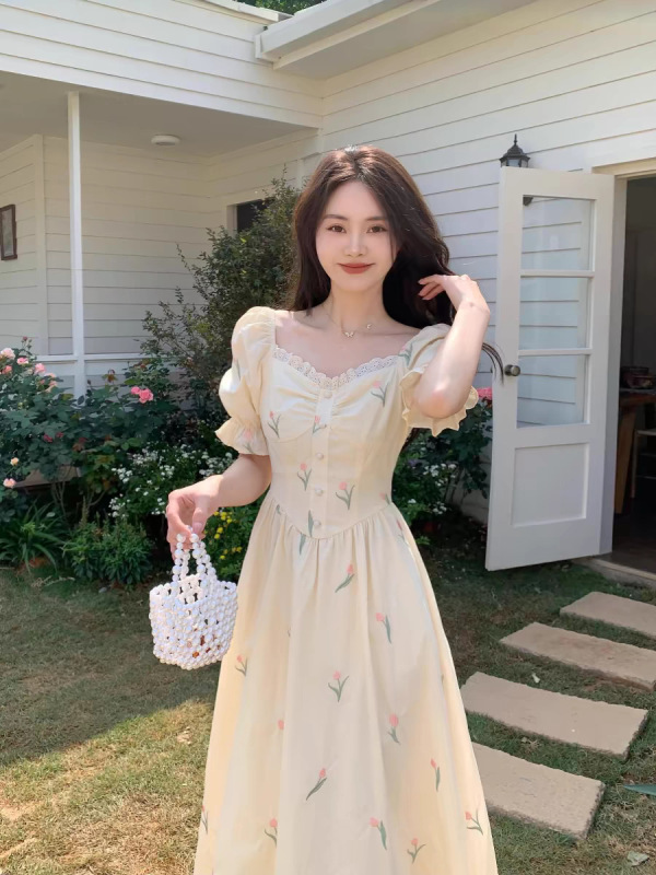 プラスサイズのハイウエストパフスリーブフレンチロングスカート、太った女性用、小ぶり、フレッシュでスイートなスリムドレス、ペアシェイプスカート|undefined