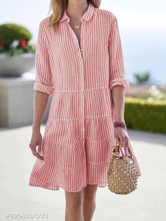 Women's Clothing Long Sleeved Striped Shirt Dress Autumn American Style Thin Summer Dress Suitable_ecoleips.com