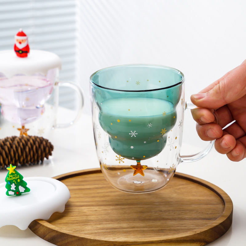 Taza de Navidad con aislamiento térmico de doble capa Taza de café con tapa Taza de vidrio de borosilicato al por mayor Taza de vidrio de alto valor resistente a altas temperaturas