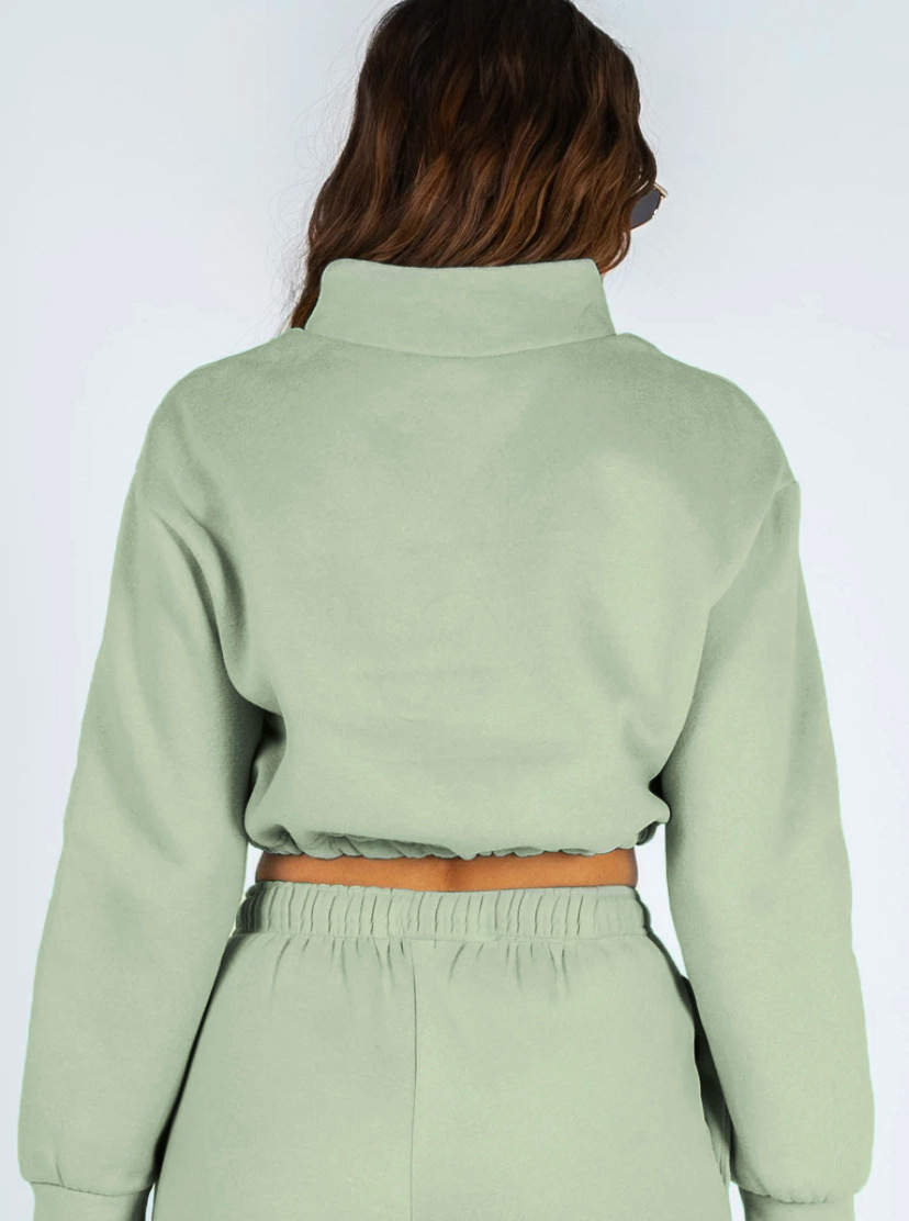 Women's Clothing 2024 autumn and winter solid color stand up collar zipper drawstring navel baring plus velvet sweatshirt casual sweatpants suit_voghion.com