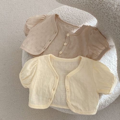 2023夏新款婴幼儿童女宝宝纯色提花泡泡短袖外套短款必备小开衫