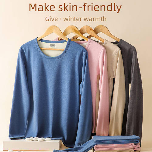 Women's Set of AB Face Round Neck Fleece Warm Innerwear with Thick Padding, Autumn Top and Bottom Pajamas, Men's Warm Fleece Lined Base Shirt for Wholesale