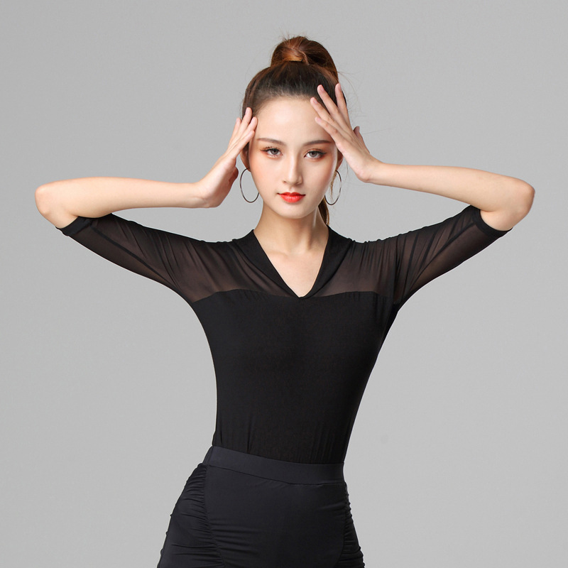 Latin dance top women's summer mid-sleeve practice clothes modern sexy modal dance clothes dance clothes ballroom dance clothes