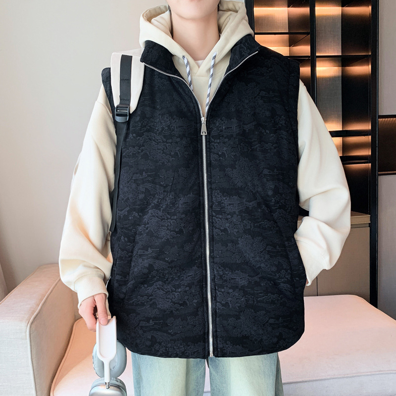清明上河图中国风条纹马甲男满印扎染迷彩服男冬季新款棉衣男坎肩