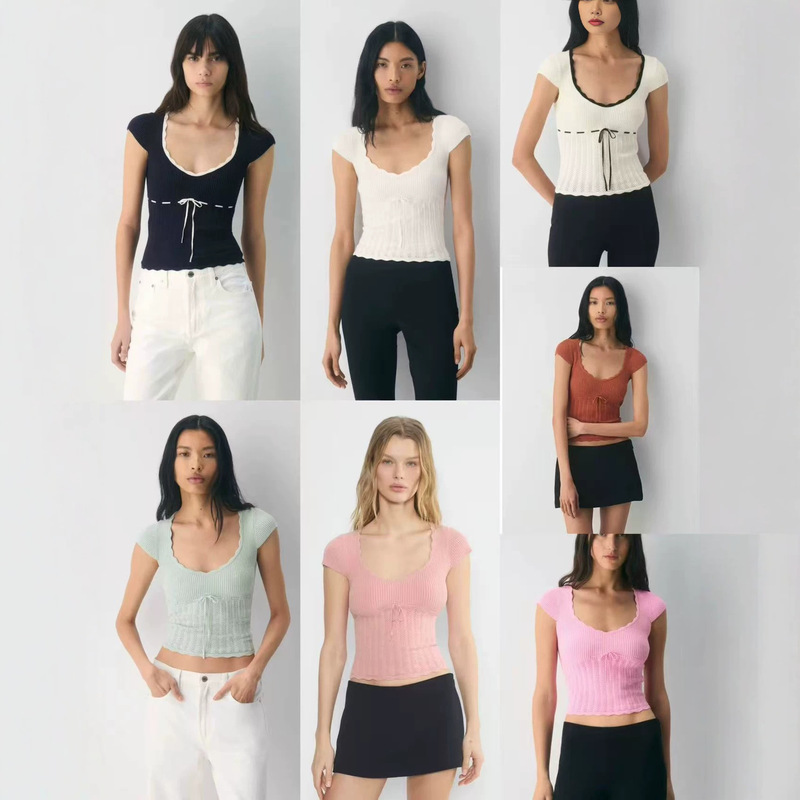 Aritzia Lace Chanel-Style Pure Desire U-Neck Short-Sleeve Women's 2026 Summer Slim-Fit Waist-Cinching Knit T-Shirt Top for Women Aritzia Lace Chanel-Style Pure Desire U-Neck Short-Sleeve Women's 2026 Summer Slim-Fit Waist-Cinching Knit T-Shirt Top for Women